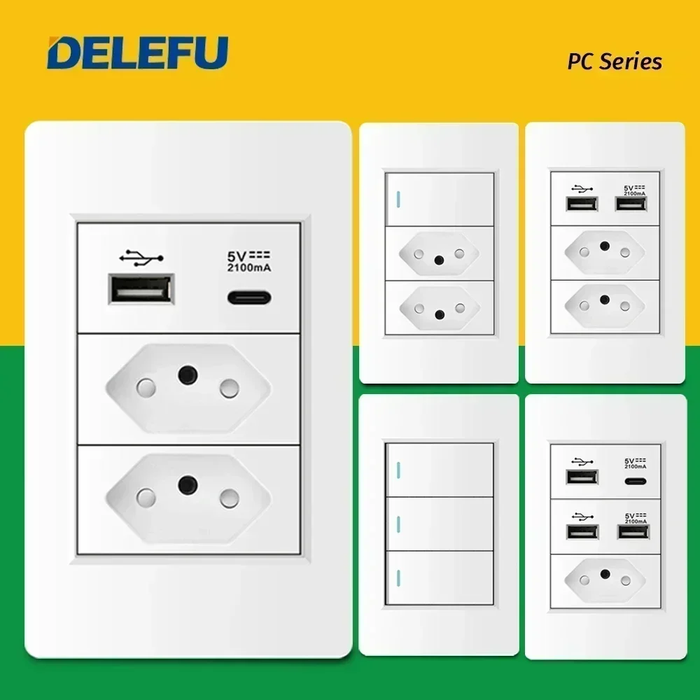 DELEFU White PC Panel Brazil Standard Outlet with Double USB Type C Wall Power Socket Smart Switch Tuya Wifi 10A 20A 118x72mm