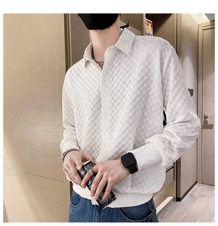 Men\'s Solid Color Plaid Shirt Long Sleeve Black Bat Shirt Loose 2025 New Spring and Autumn Top Shirt Jacket