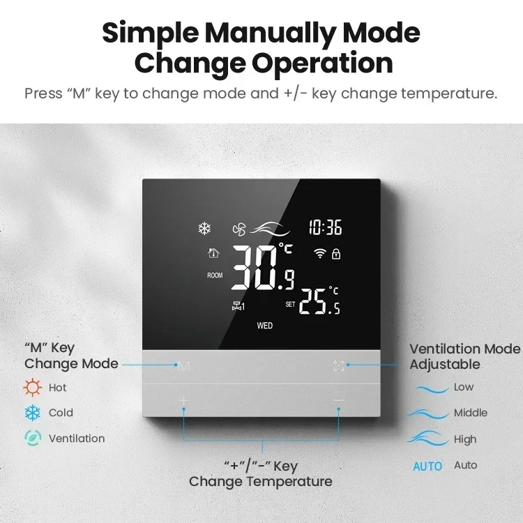 TNCE Tuya WiFi Smart Central Air Conditioning Thermostat Switch Heating Cool 3 Speed Fan Coil Unit Work With Alexa Google Home