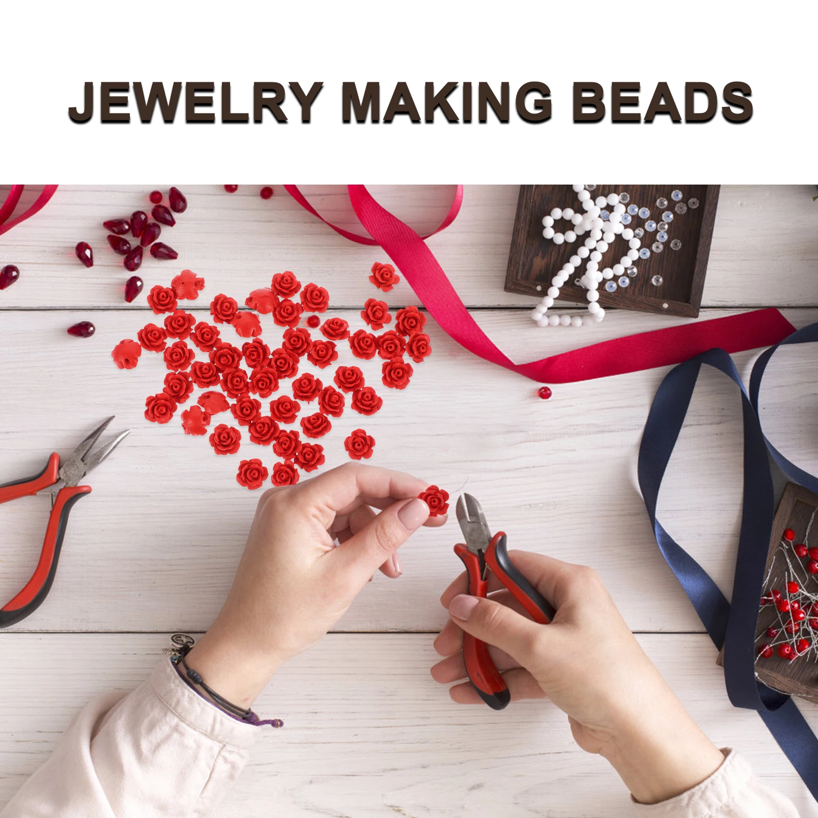 

50Pcs DIY Rose Beads Loose Rose Decor Jewelry Making for Bracelet Necklace Earrings Handmade Craft Accessories