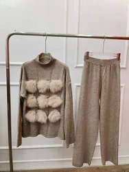 2024 New Spring Autumn 2 Piece Real Fox Fur Women Cardigan Fashion Sweater Pant Set Ladies Sweater Suit Luxury Female Fur Suits