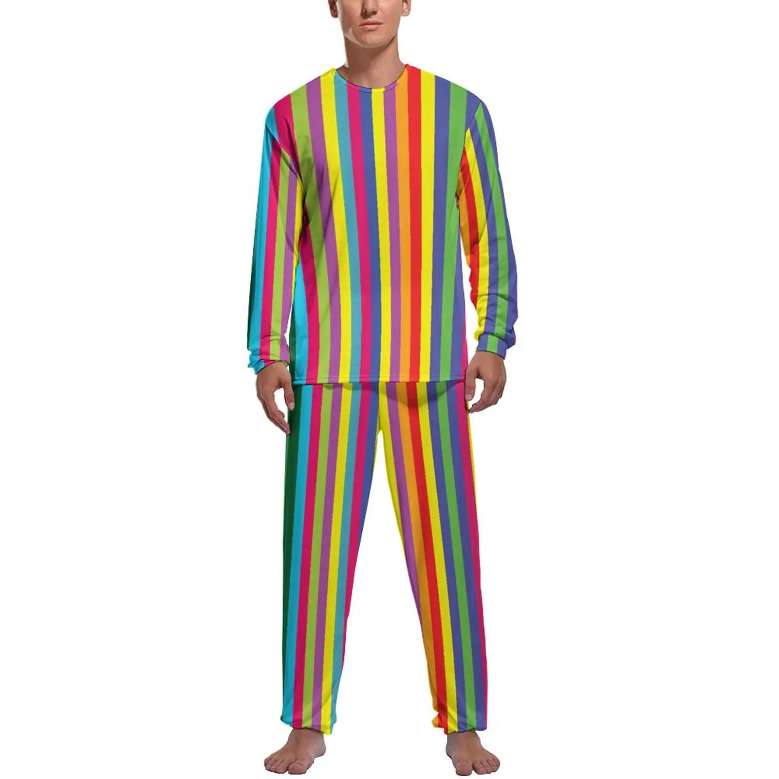 Rainbow Striped Pajamas Spring 2 Pieces Disco 70 Party Cool Pajamas Set Mens Long Sleeve Aesthetic Pattern Sleepwear