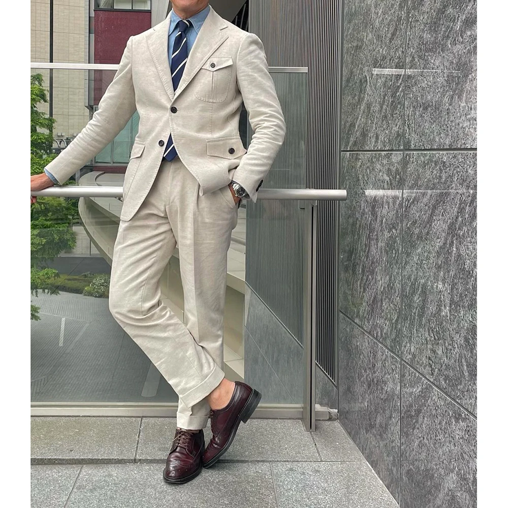 

Summer Linen Beige Men's Suits Single Breasted Notch Lapel Bespoke 2 Piece Jacket Pants Male Clothing Office Costume Homme Sets