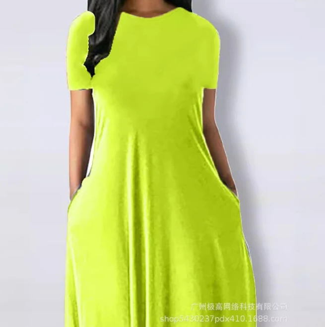 2024 Women's New Elegant Fashion Dresssolid Color Round Neck Pocket Dress Wearing Dresses for Daily Commuting