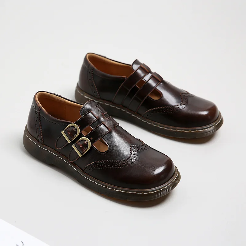 

Винтажные классические дизайнерские коричневые кожаные туфли-броги с двойным ремешком для женщин, оксфорды на платформе с круглым носком, повседневное платье Лолиты