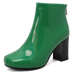 Elegant Women's Ankle Boots Patent Green Pink Short Boots Ladies Waterproof Block Heels Party Shoes For Women Large Size 45 50