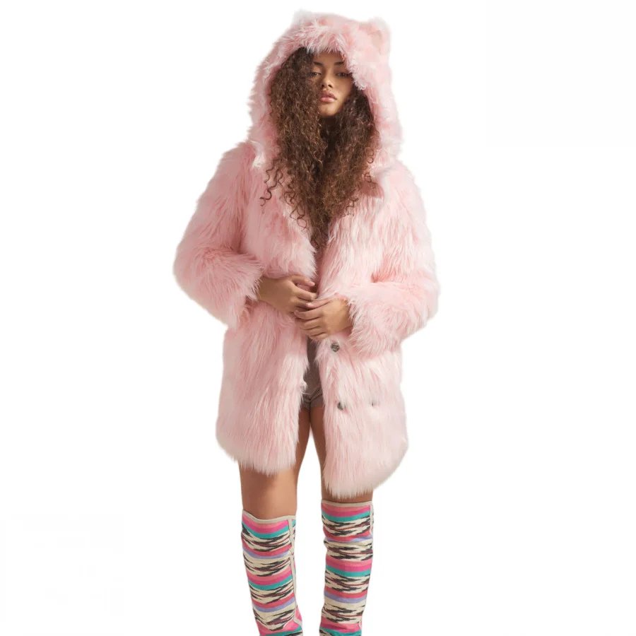 الحلو الوردي المرأة الشتاء فرو المنك سترة واحدة الصدر مقنعين الدب الأذن طويلة فو الفراء معطف لسيدة شيك الإناث الفراء أسفل معطف #5