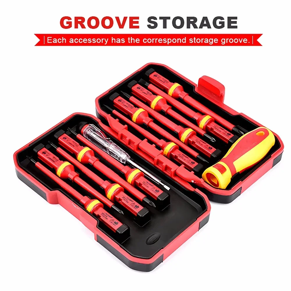 Electrician Repair Tools Kit 13pcs 1000V Changeable Insulated Screwdrivers Set with Magnetic Slotted Bits