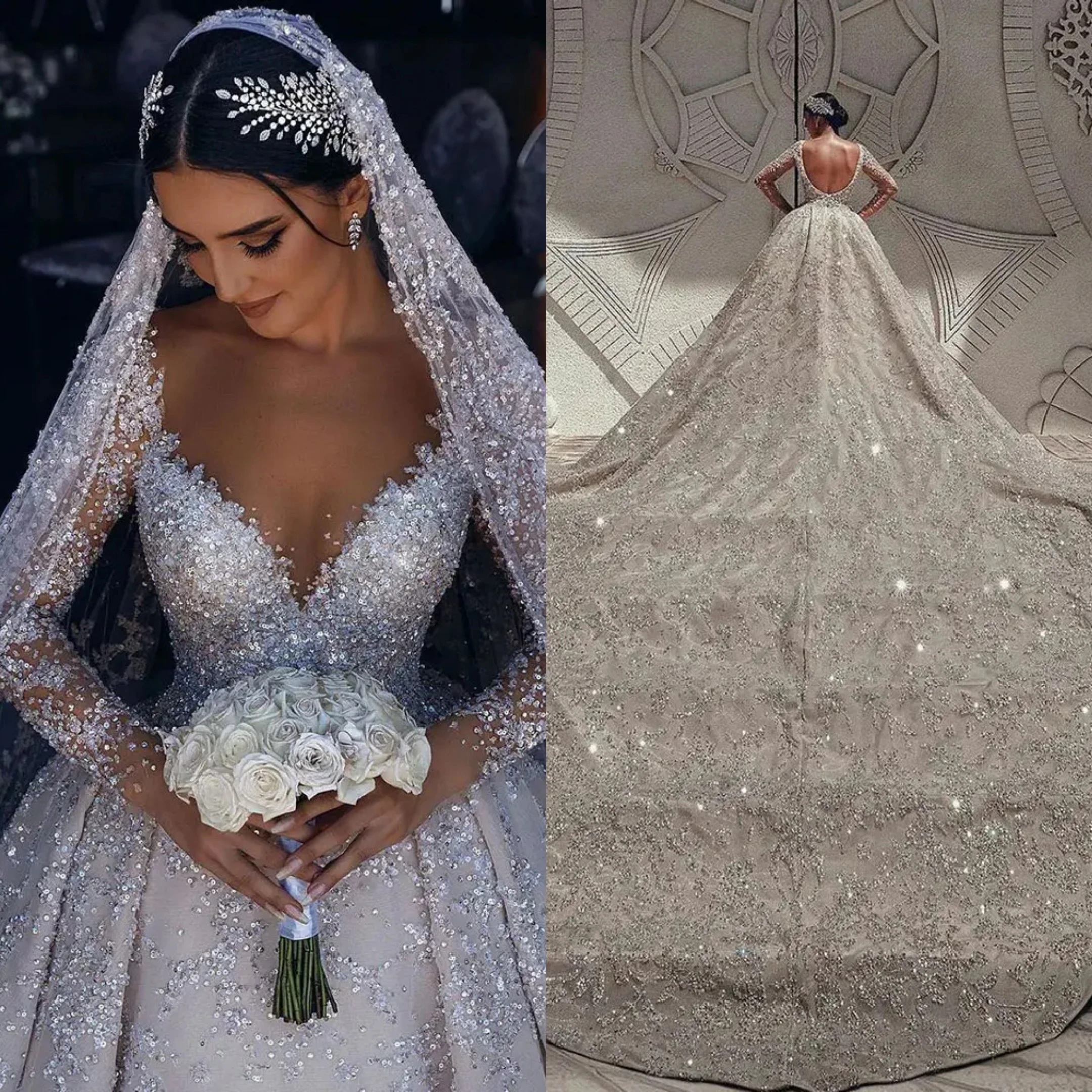 

Gorgeous A-Line Women Wedding Dress Sequins Backless Bridal Gown Slim Fit Skirt Long Sleeves Chapel Train Dress Custom Made