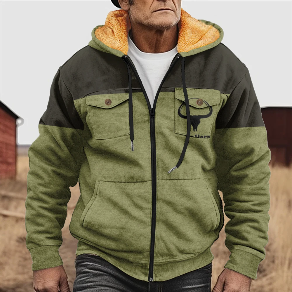 Winter men's coat with plush insulation, slim fit and comfortable hooded pocket design, outdoor sports style