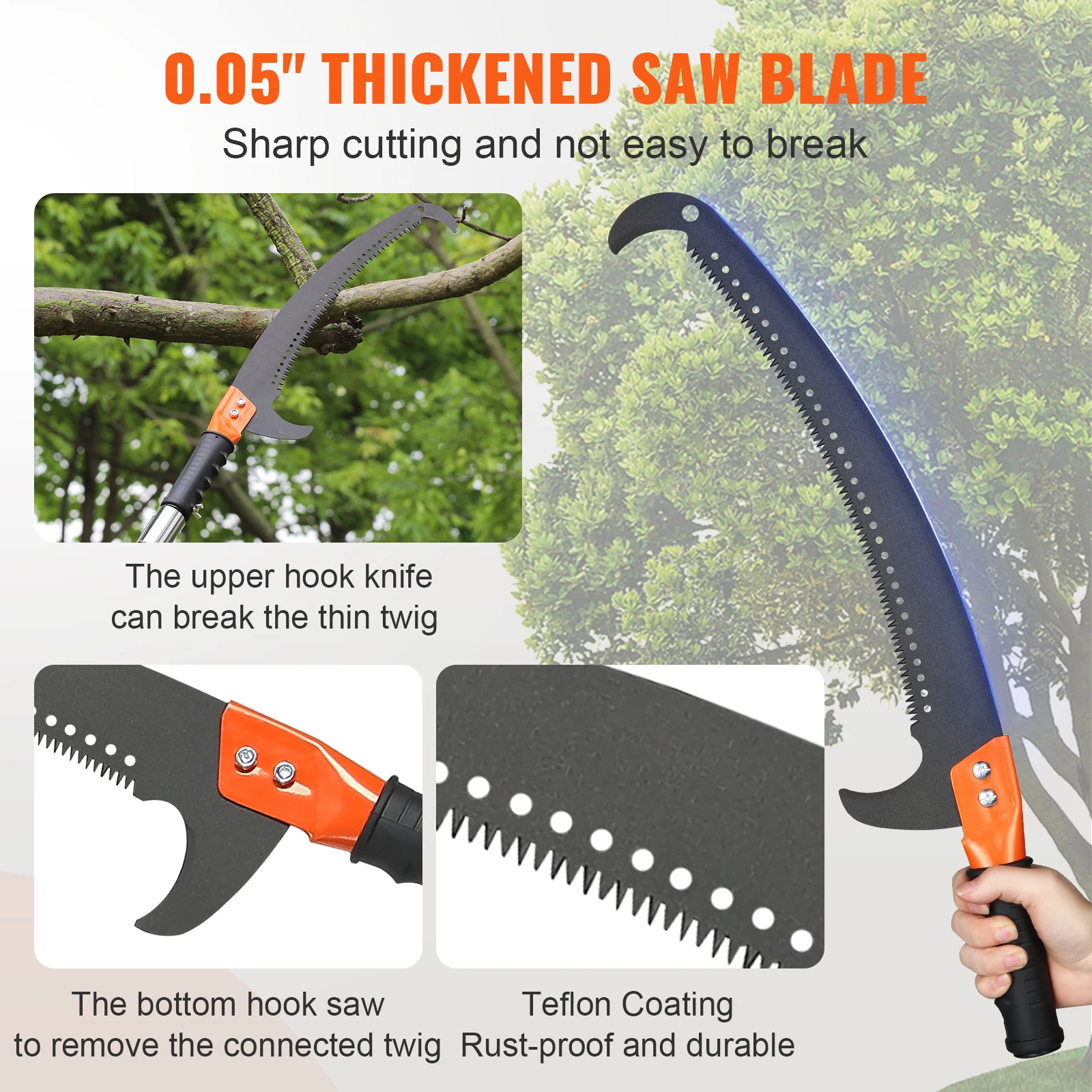 VEVOR Manual Pole Saw Extendable Tree Pruner Sharp Steel Blade for High Branches Trimming with Lightweight Aluminum Alloy Handle