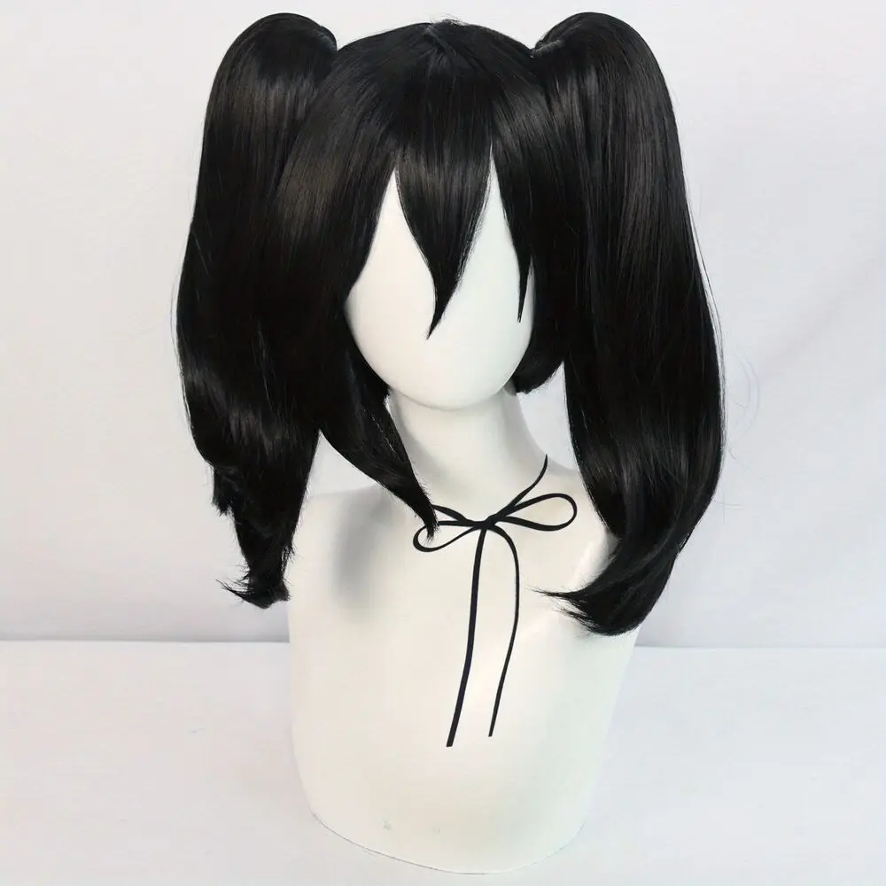 Perucas cosplay perucas de cabelo liso sintético preto de 16 polegadas com rabo de cavalo duplo