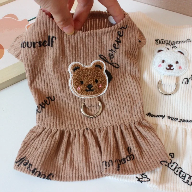 Cute Teddy Bear Dog Dress Luxury Corduroy Skirt Chihuahua Traction Harness Puppy Spring Clothes Carnival Costumes for Small Pets