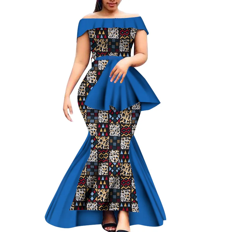 Bintarealwax Off-Shoulder Party Dress Bazin Riche African Dresses for Women Plus Size Graceful Lady Print Wax Clothing WY8650