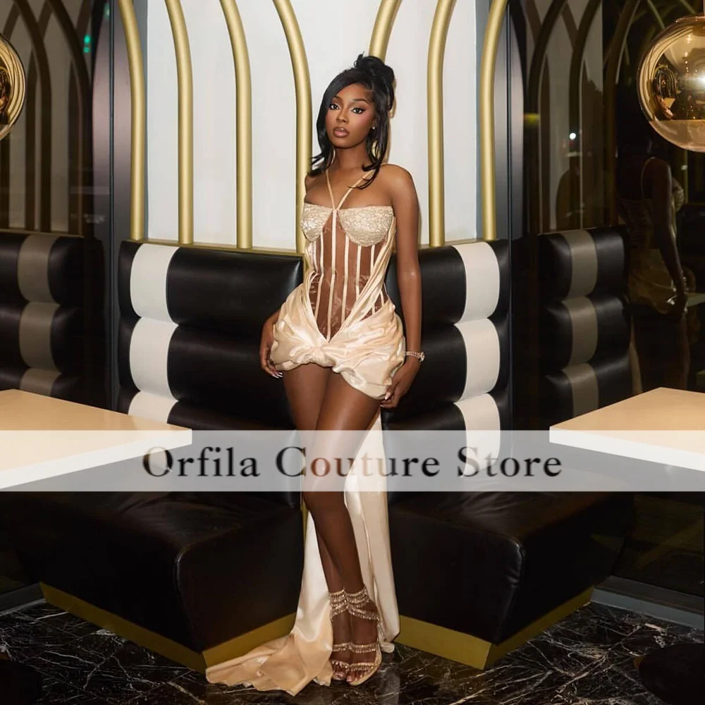 Vestidos De Gala Champagne Cocktail Dress For Women Halter With Train Short Party Gowns Birthday Dresses Customized