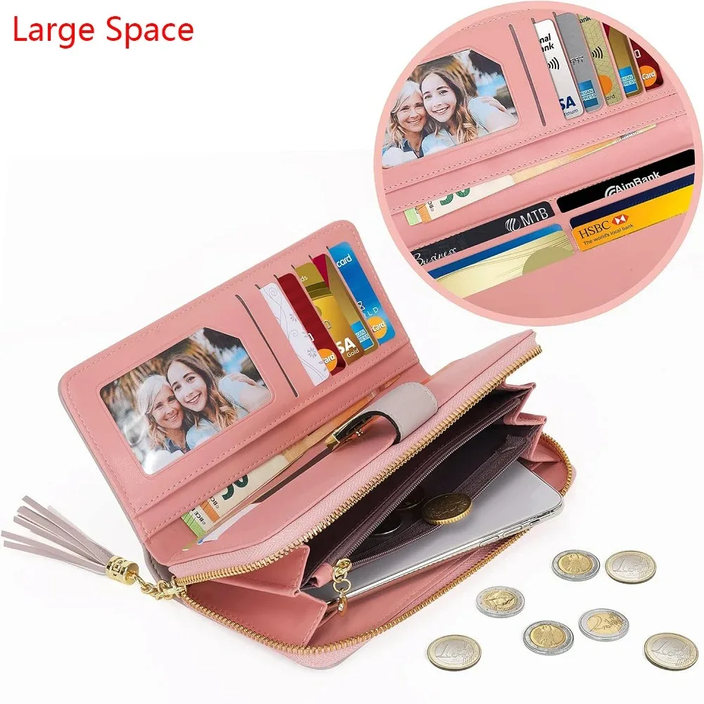 Pomelo Best Tri-color Women's Wallet Zipper Long Billfold PU Leather Large 9 Card Slots Coin Purse RFID Blocking Tassel Pendant