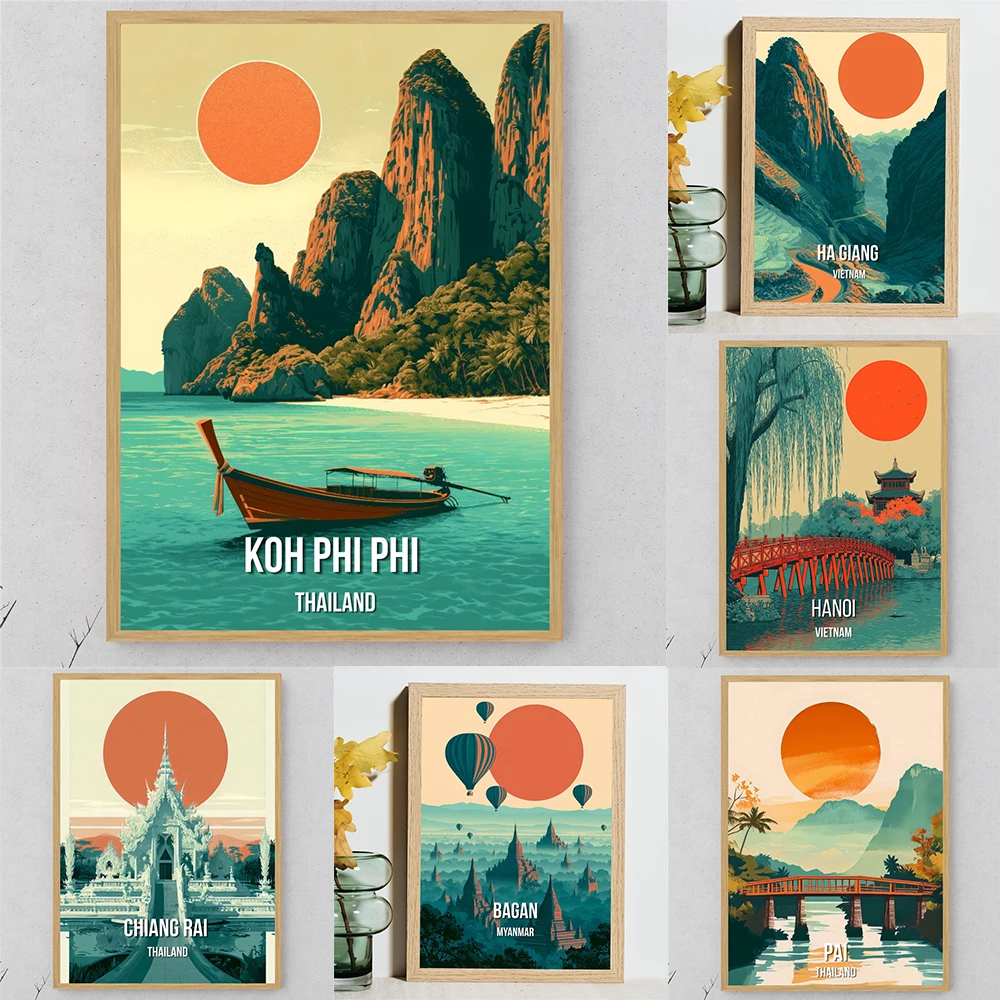 Vang Vieng Laos Travel Poster River Bridge Wall Art Prints Mountain Print Hanoi Poster Hoan Kiem Lake Vietnam Travel Canvas Art