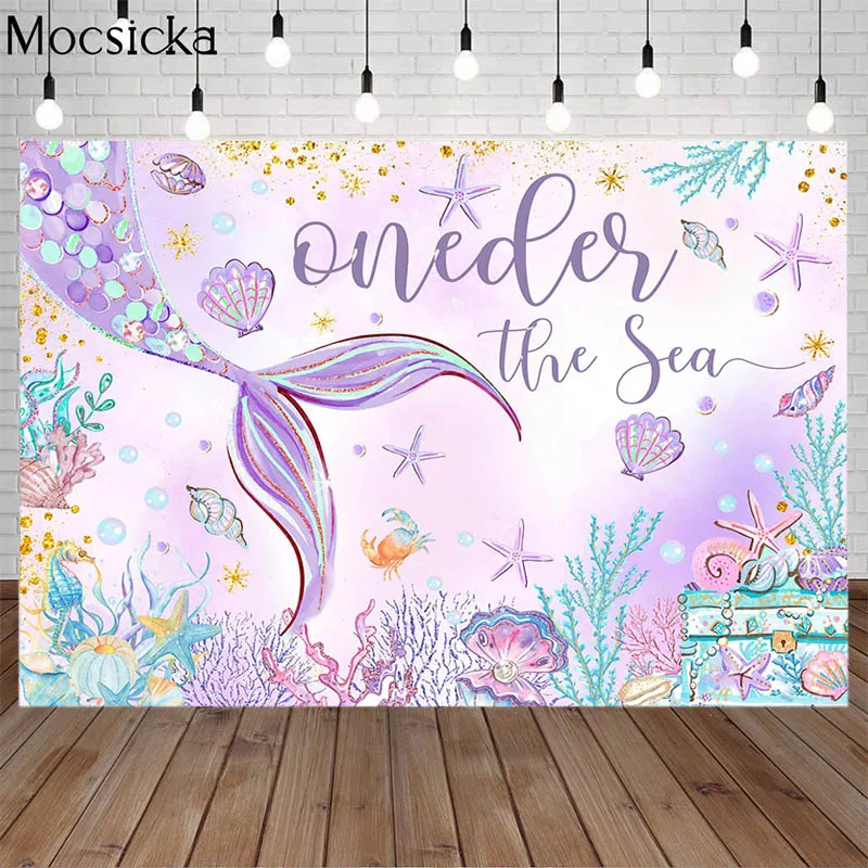 

Mermaid Birthday Party Backdrop Underwater World Coral Shell Decor Purple Mermaid Tail Girl Birthday Portrait Photo Background