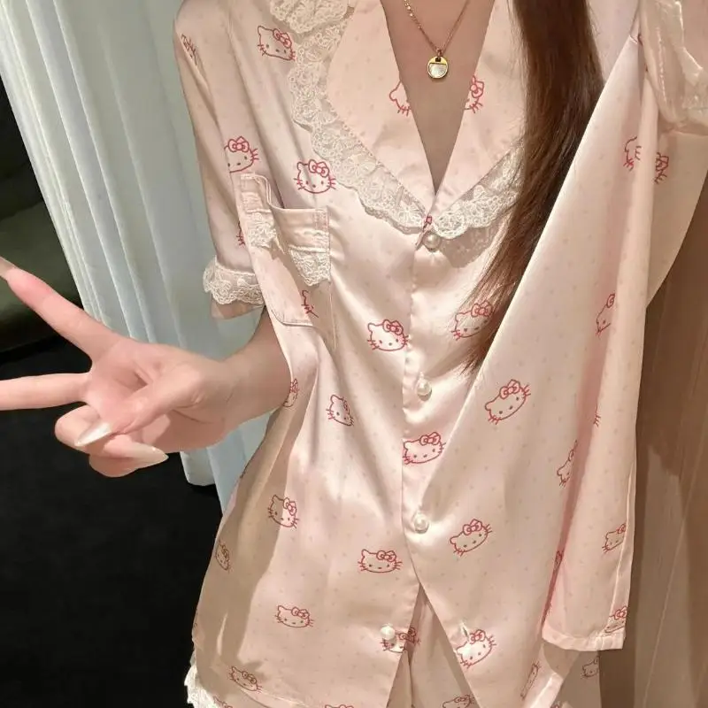 

Sanrio Hello Kitty кружевная пижама в горошек из ледяного шелка для девочек, новый летний комплект с короткими рукавами, милый комплект домашней одежды, подарки на открытом воздухе