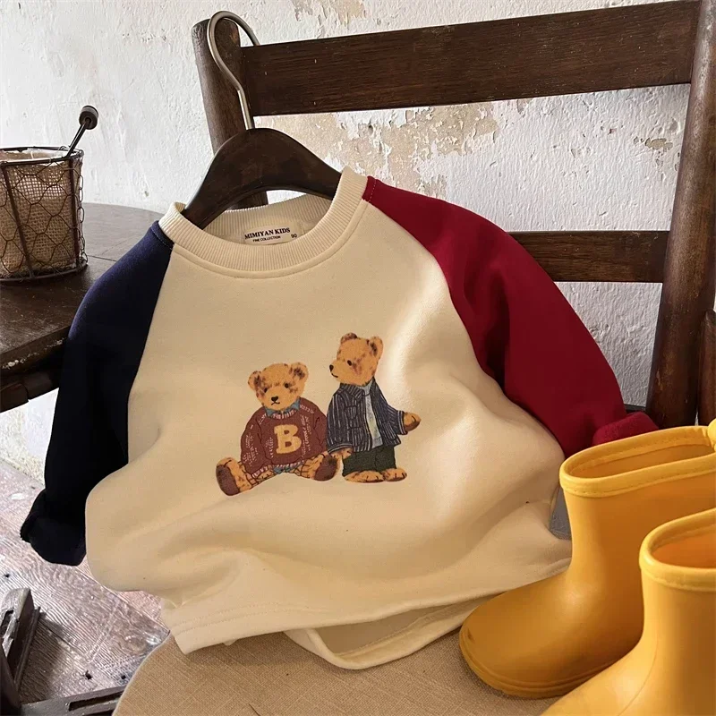 Children\'s Fleece-Lined Sweater 2024Autumn Winter Boys and Girls Cartoon Bear Baby Contrast Color Pullover Bear Fleece Shirt