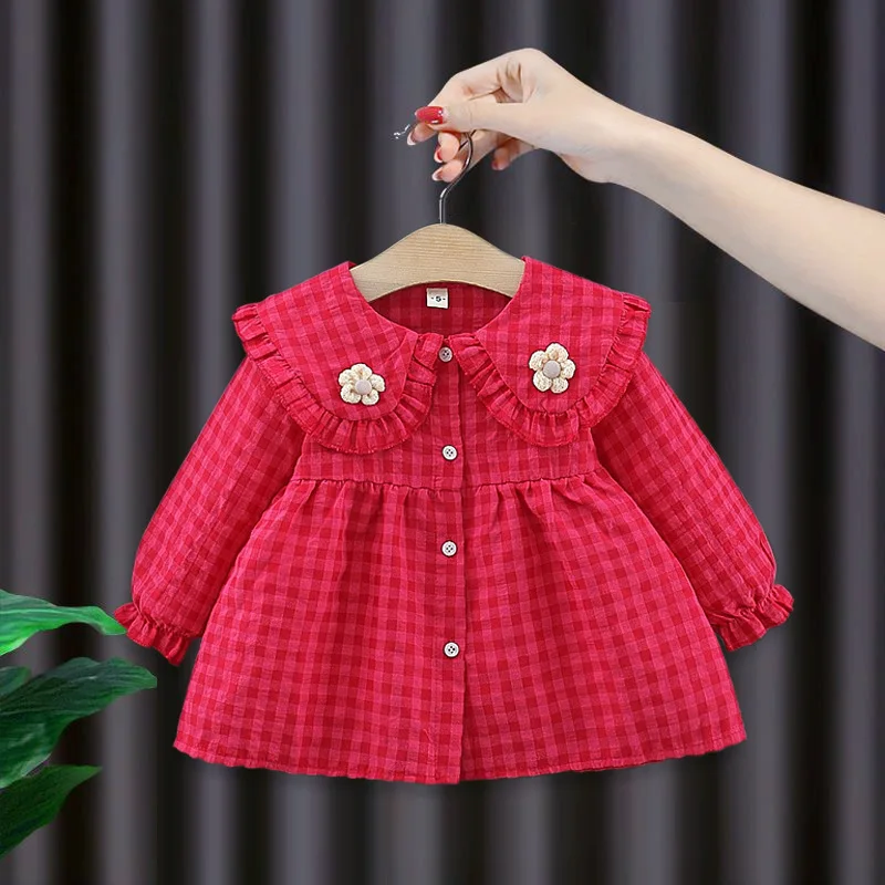 Spring newborn Baby Girls Clothes Plaid Flower Dress for toddler Girls Baby Cloth 1 Year Birthday Cardigan Shirt Dresses dress