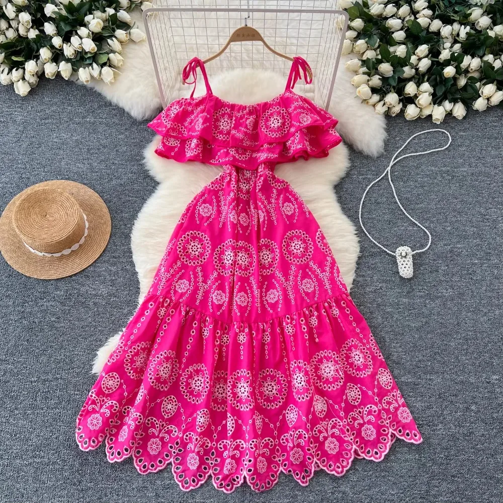 Chic Korean Sexy Off Shoulder Slim Ruffle Hollow Out Embroidered Straps A-line Dress High Street Vacation Vintage Women Clothing