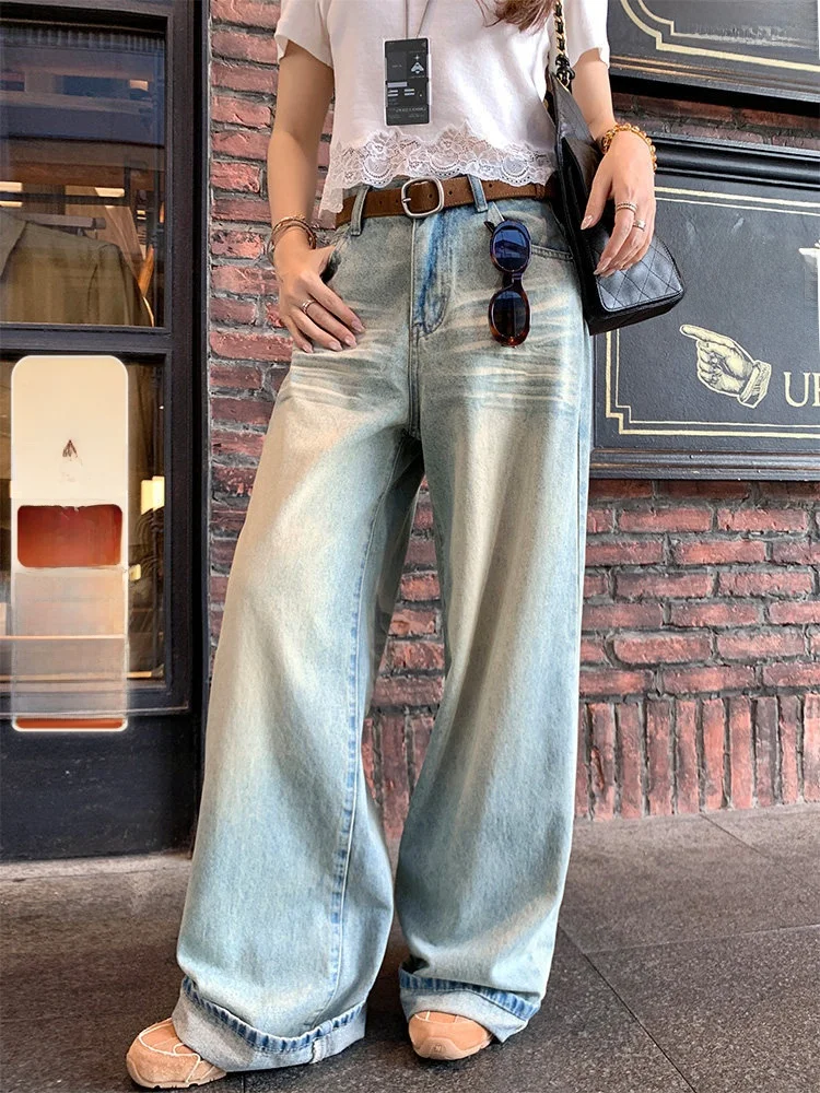 

Винтажные выцветшие джинсы с широкими штанинами, повседневные брюки, бренд Cheeseandkisses, джинсовая ткань, застежка-молния, осенние, женские