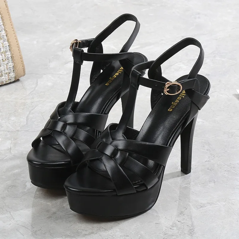 2024 Women Summer 11.5cm Exotic High Heels 3.5cm Platform Pumps Strappy Stripper Cross Strap Round Toe Leisure Elegant Shoes