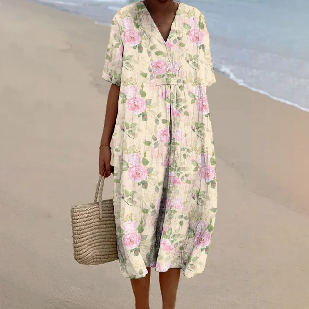 

Boho Breezy Fluttery Dress Romantic Blooming Flowers Prints Robes Women’s Beach Vacation Wear Floral-Adorned Clothes Dress