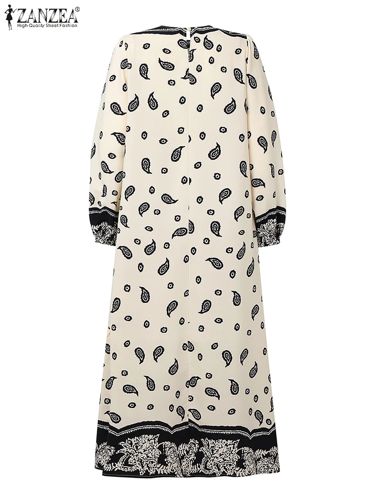 ZANZEA فساتين عيد عصرية إسلامية مطبوعة عرقية متواضعة أنيقة بأكمام طويلة وحاشية مكشكشة عباية رداء حجاب إسلامي
