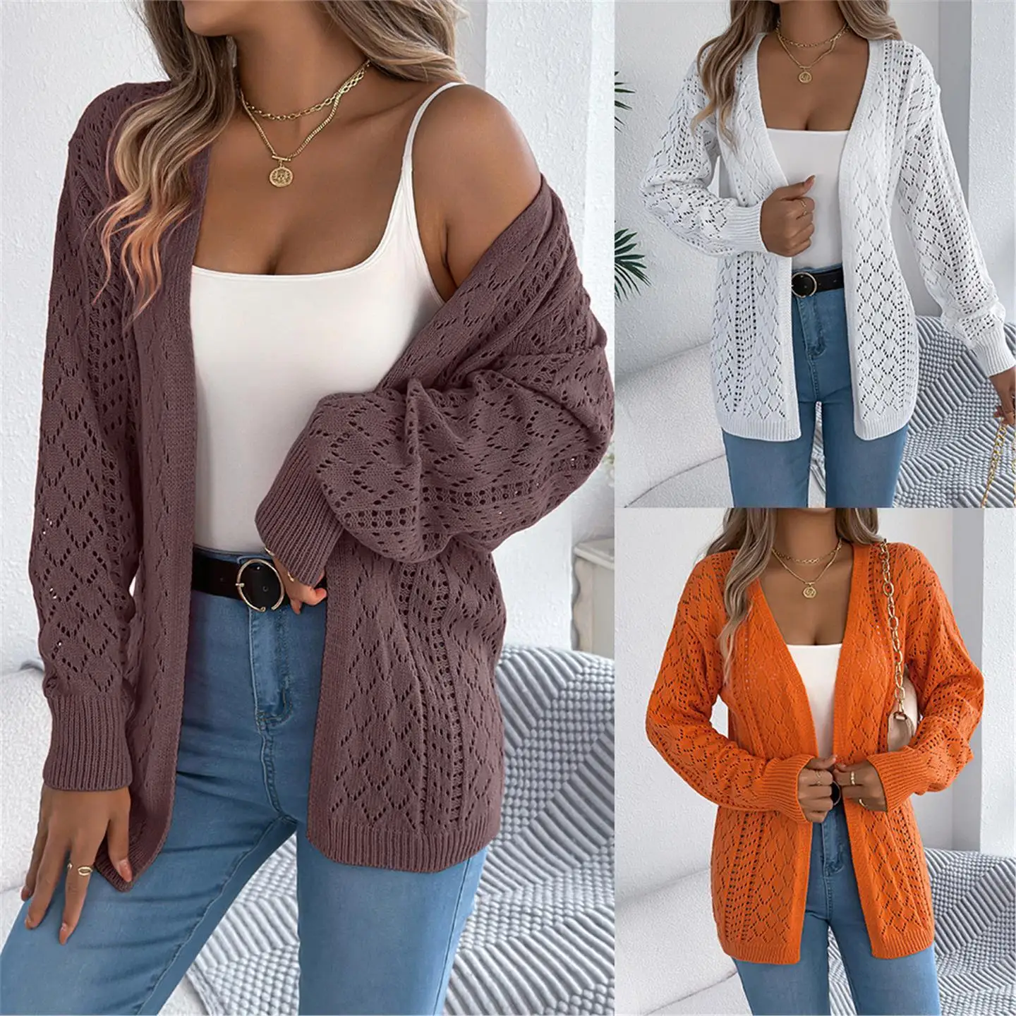 

Autumn Winter Hollow out Long Sve Open Cardigan Sweater mid Length Lantern Sle Women's Faion Online Exclusive Pure Color