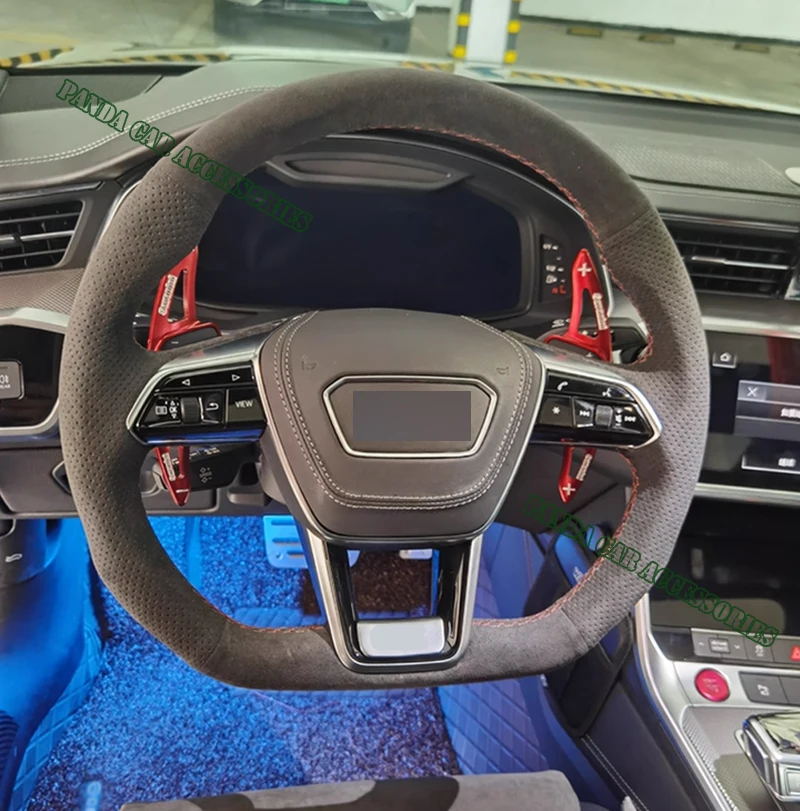 Genuine Leather 9002 Suede Red Thread Hand Sewing Car Steering Wheel Cover Wrap Car Accessoires Specifically For Audi A6 A7 S7