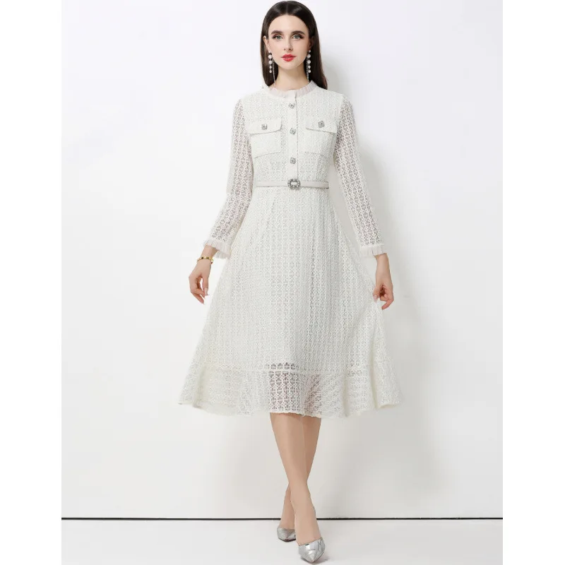 Slimming Lace Waist Belted Long Dr Women's Faion High Waist French Sle Velvet Fabric Casual Spring Thi Long Sve