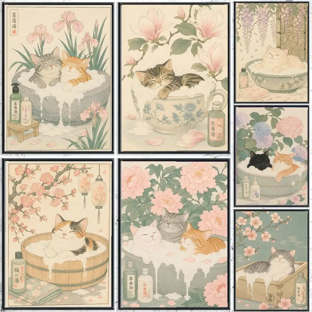 Japanese bath cat floral ukiyo-e collage Poster Art HD Advanced Aesthetic Printing Paper Wall Art for Living Room Home Decor