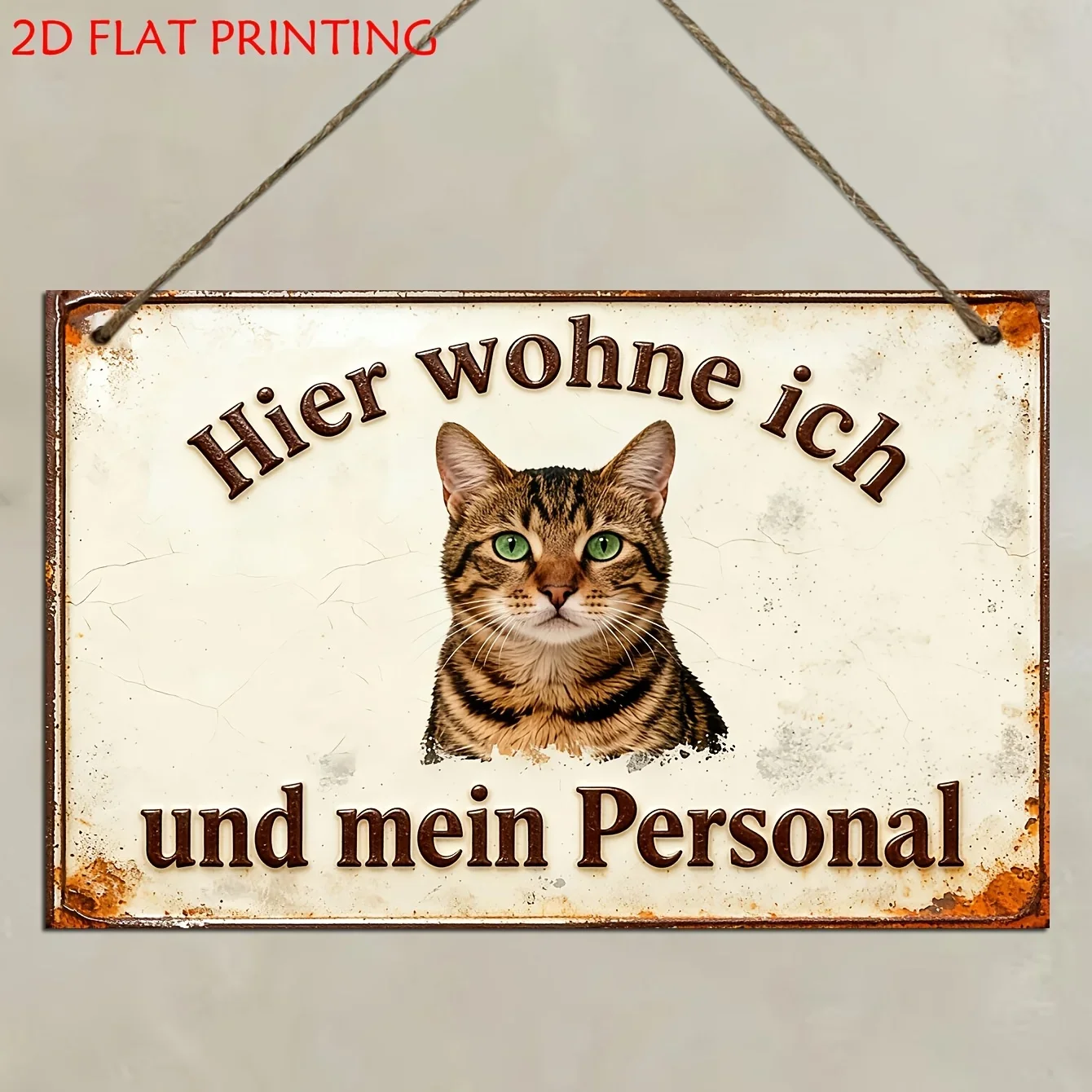 （2D Tin painting）1 pieza Letrero metálico vintage con la frase 'I Live Here' y diseño de gato, arte de pared rústico con efec