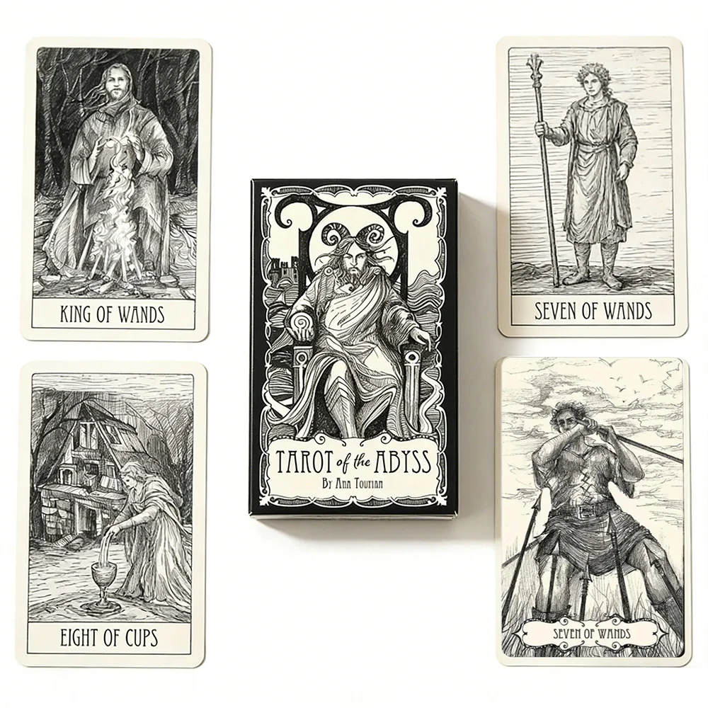 

78-Card Abyss Tarot Deck (12x7cm), black-and-white hand-drawn ink illustrations, for spiritual guidance and meditation