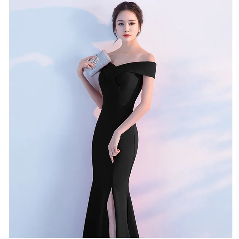 Evening Dresses Black Stretchy Off the Shoulder Zipper Back Mermaid Trumpet Slit Floor Length Women Party Formal Gowns YE006