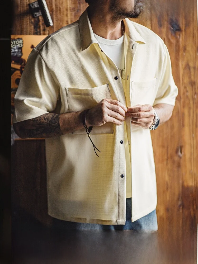 

Maden Oversize Casual American Sle Men's irt ort Sve Drapey Texture Summer Faion Polyester Blend Breathable Moistu...