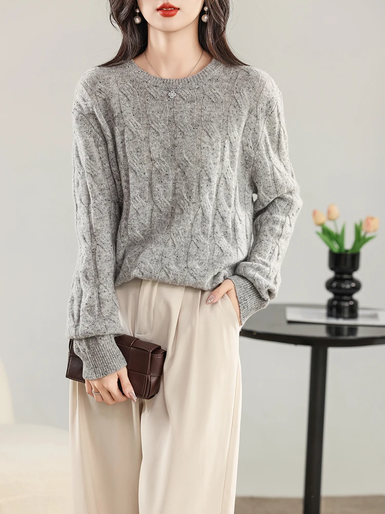 

New Chic Women's O-Neck Twist Flower Pullover 100% Merino Wool Sweater Autumn Winter Warm Kniwear Female Wool Soft Casual Tops