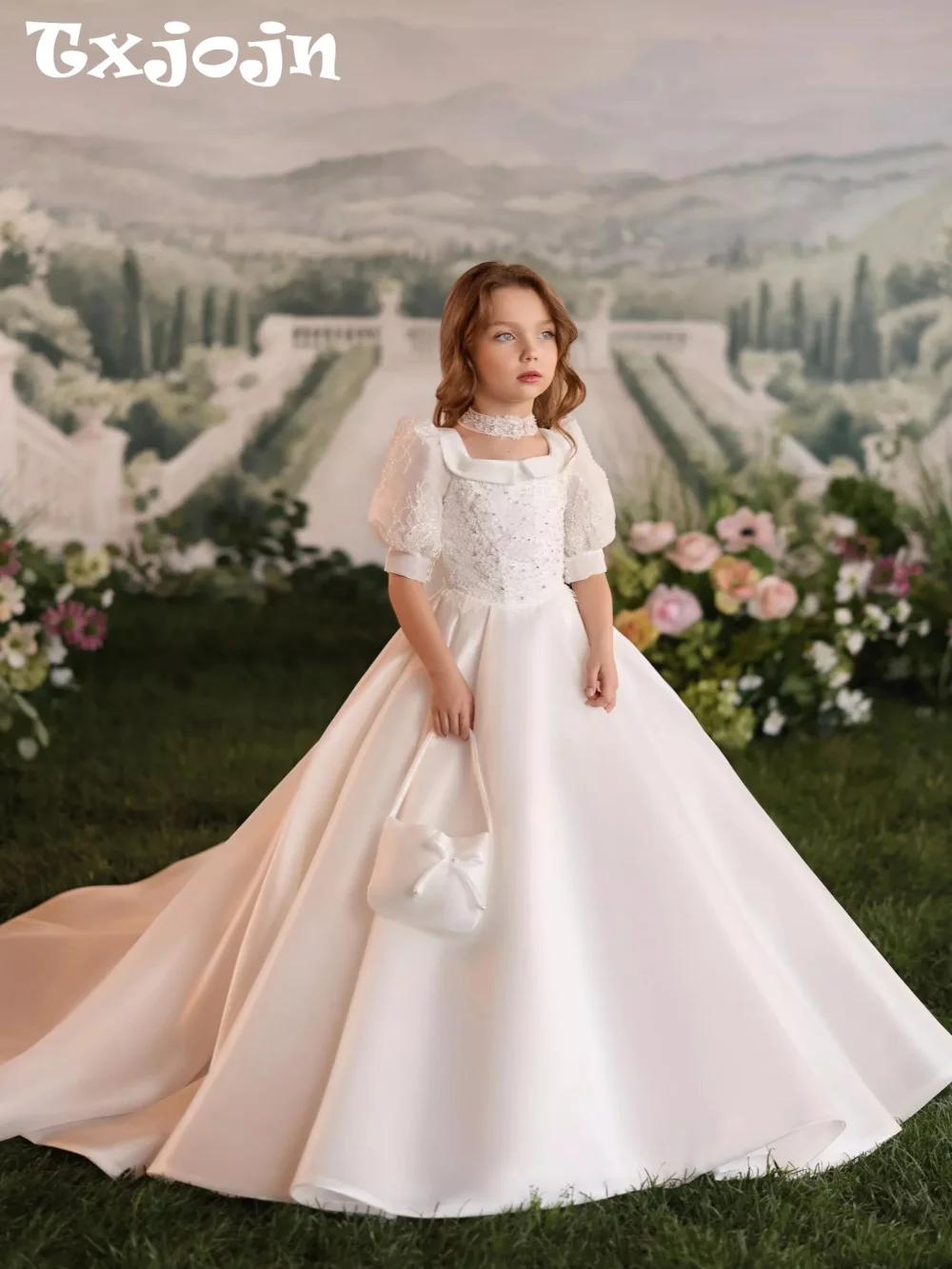 Luxurious Beaded Satin Girls Dresses Wedding Birthday Party Wear Romantic Bow Puff Sleeve Kids Princess Gown Performance Outfit