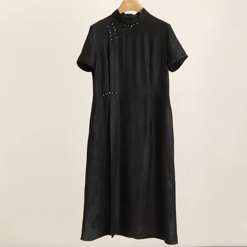 

New Chinese Sle Silk Dr with Embroidery And Button Detail ort Sve Waist Cinched Midi Dr Fanyoo