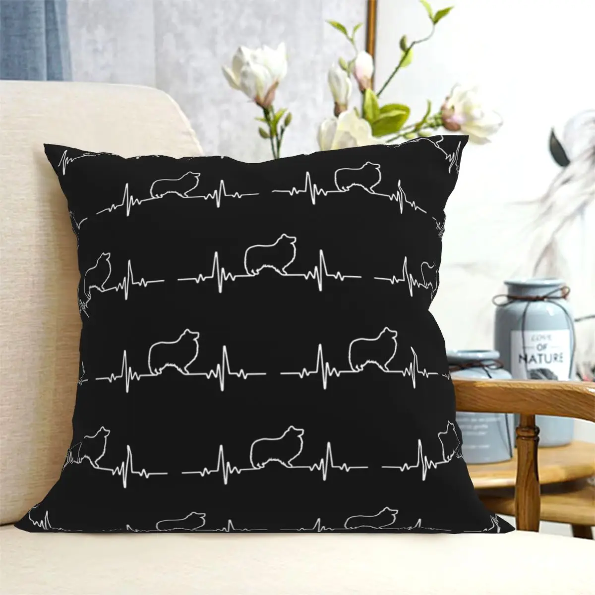 Minimalist Heartbeat Shetland Sheepdog Square Pillowcase Cushion Cover Pillow Case Throw Pillow Cover for Home Bedroom Car