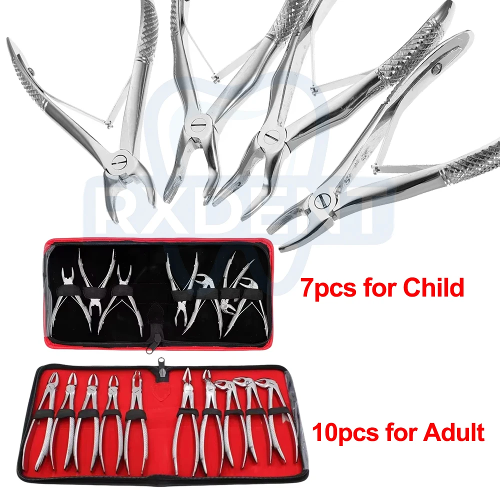 7/10pcs Dental Extraction Plier Forceps for Adult Children Dentist Surgical Teeth Extracting Curved Root Lift Elevator Oral Tool