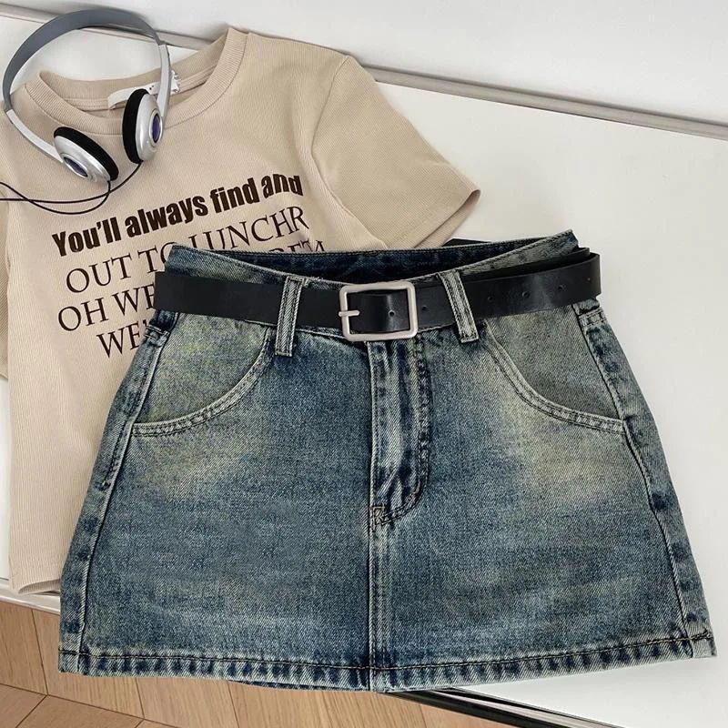 

High Waist Jeans A-line Skirt Alt Clothes Y2K Vintage Skirts Aesthetic Grunge Women Korean Blue Casual Belts Short Denim Mini