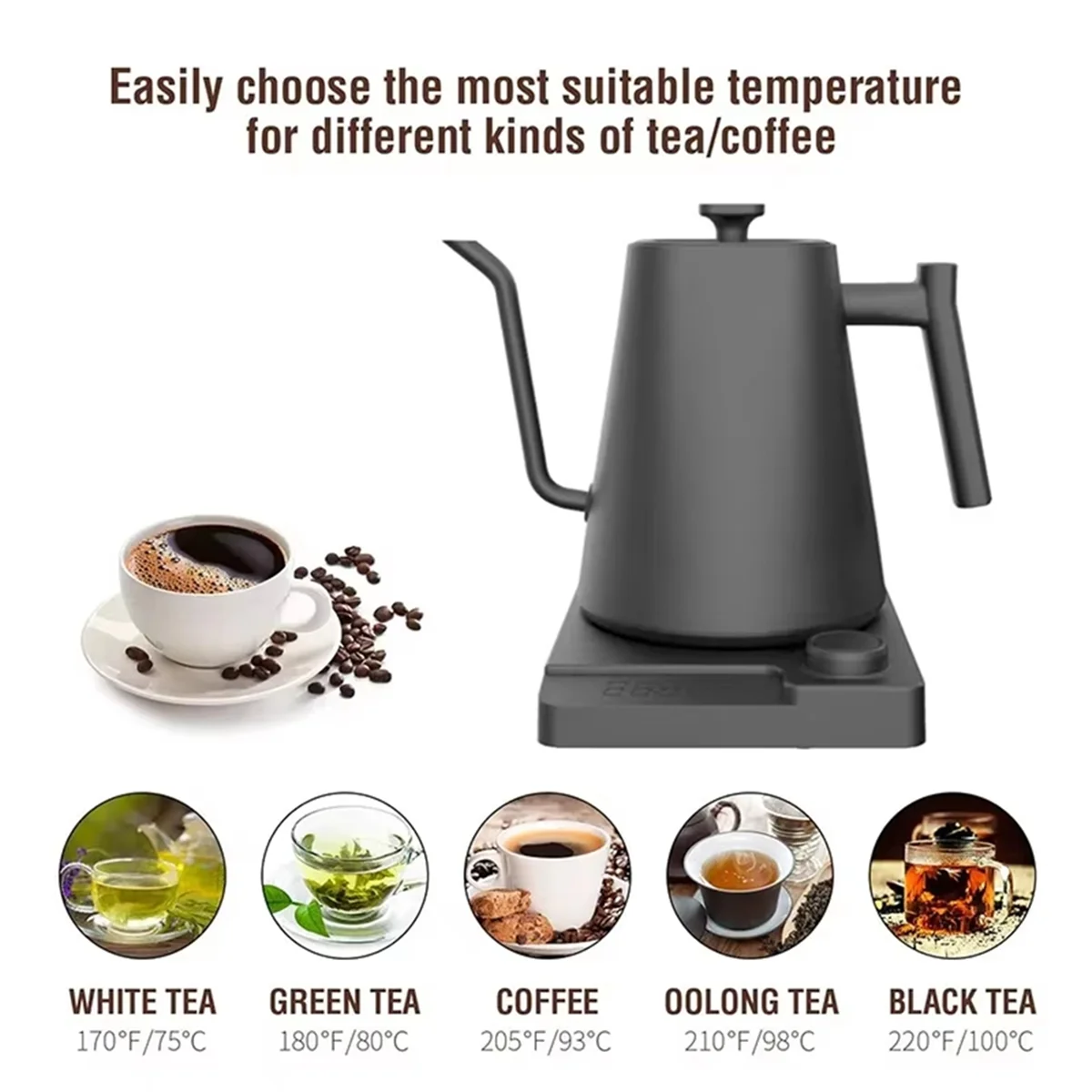FZFZ グースネック電気ケトル、正確な温度制御、コーヒーと - Coffee Tea Uk のレビューと価格