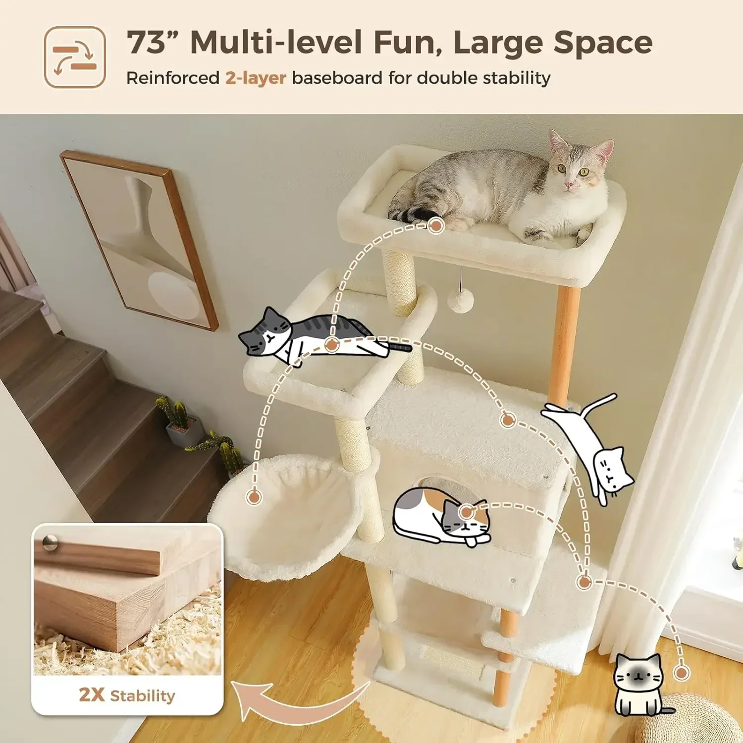 

[New Arrival, Limited Stock!]Road Large Cat Tree, 73 Inches Tall Wooden Cat Tower with 2 Spacious Hammocks,2 Big Top Beds,8 Full