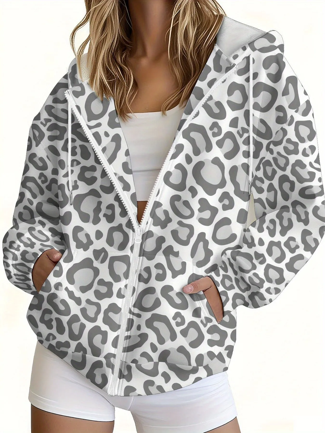 2026 Autumn/Winter Women's Zippered Hooded Sweatshirt Fashionable Versatile Comfortable 3D Leopard Pattern Print