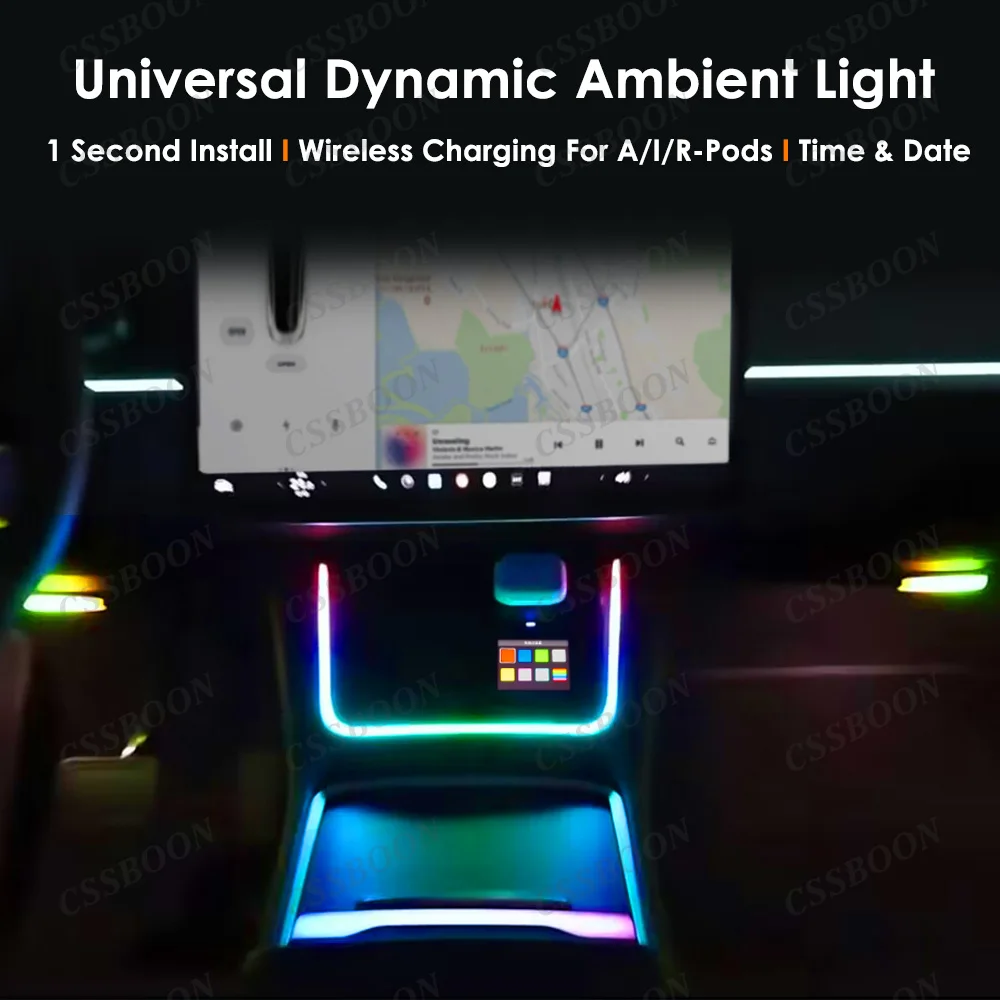 CSSBOON Car Center Console Interior Decoration Atmosphere Light Wireless Phone Charging LED Car Light For Tesla Model 3/Y 2021+