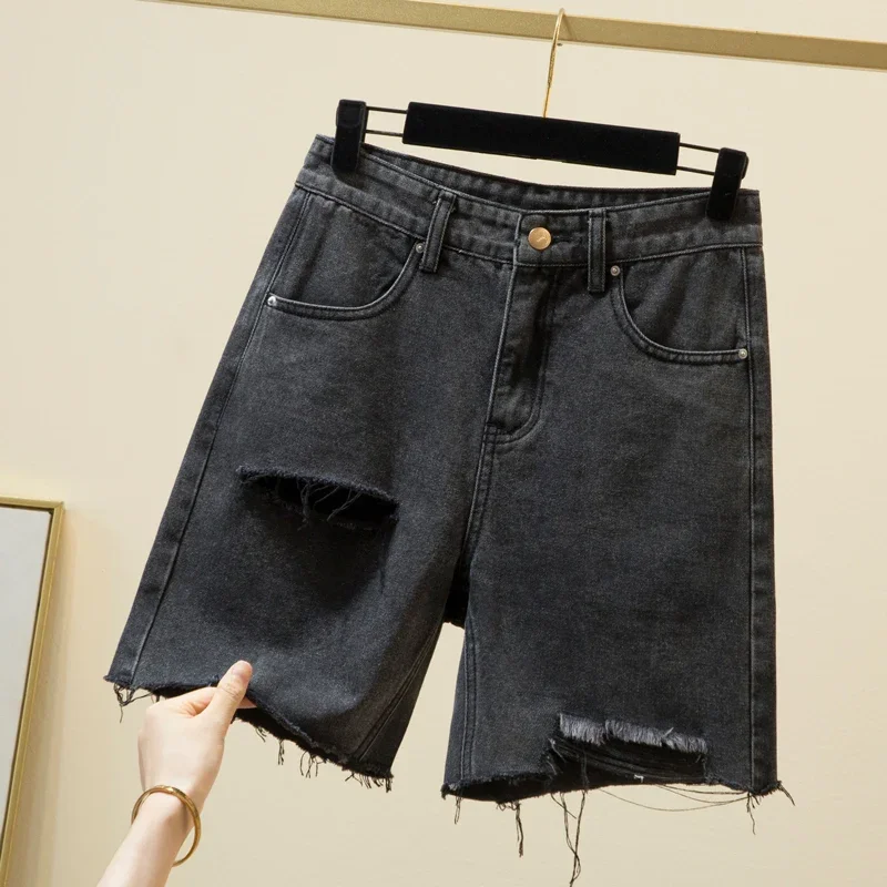 Shorts jeans rasgados para mulheres, meio jeans feminino, streetwear solto, calça curta casual, calça quente, buraco reto, verão