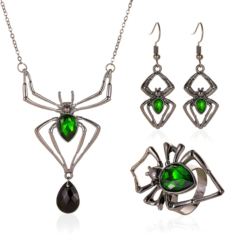 Fashion Halloween Jewelry Personalized Exaggerate Three Piece Spider Necklace Earring Ring Vintage Emerald Set Accessories